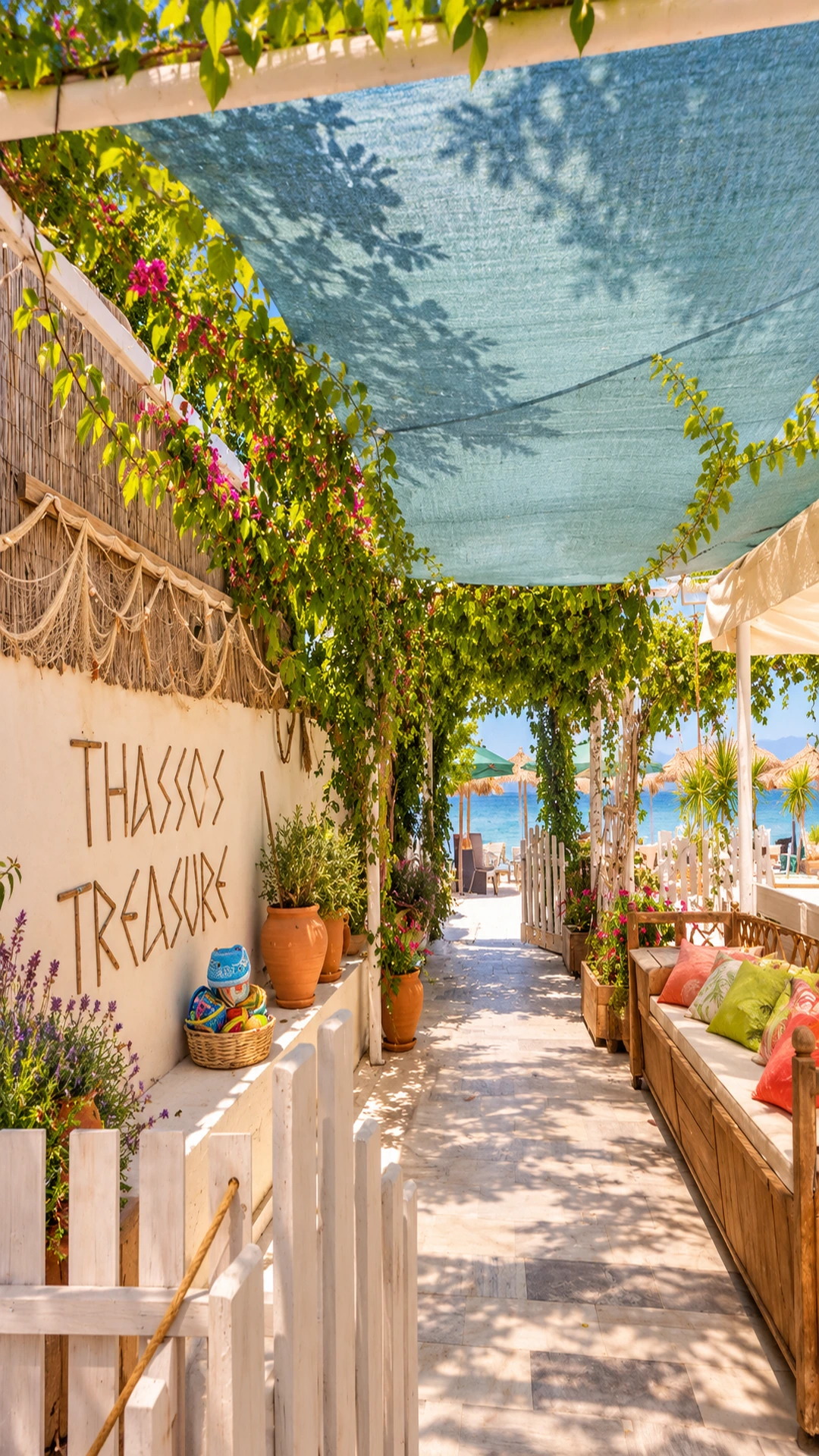 Leafy walkway leading from Thassos Treasure towards the sea